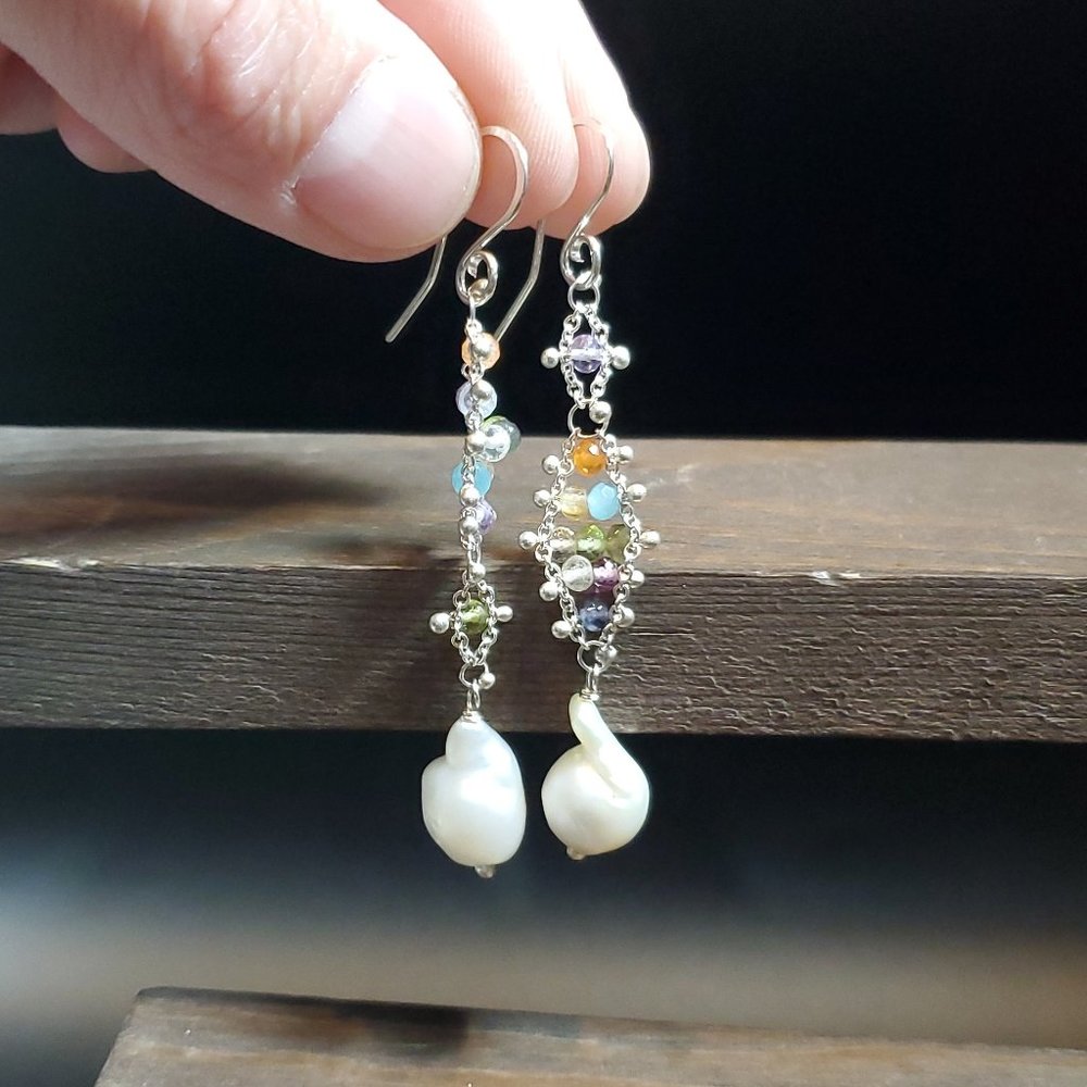 Sterling Silver Various Stones And Big Pearl Chain Earrings
